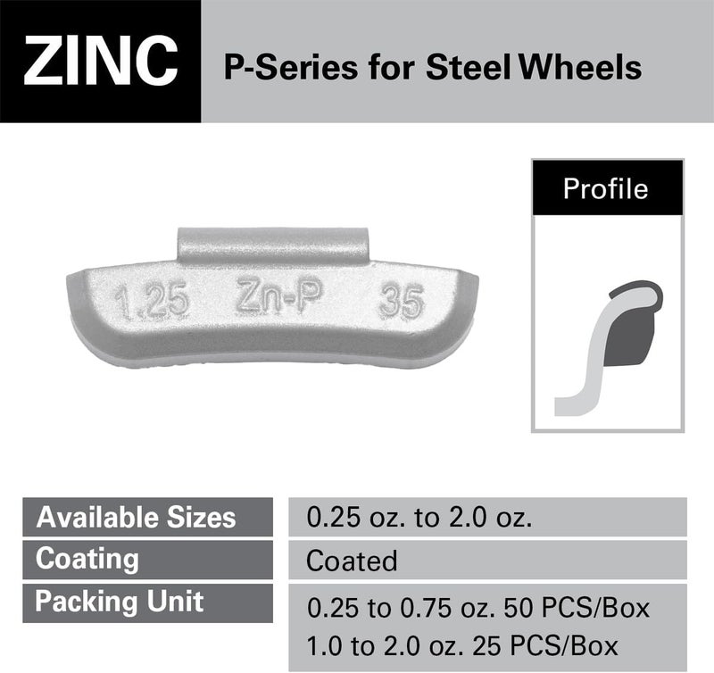 CKAuto P Series Zinc Clip on Wheel Weights 1.25oz, 5/4oz, Coated, 25Pcs/Box Fit for Steel Wheel - Image 2